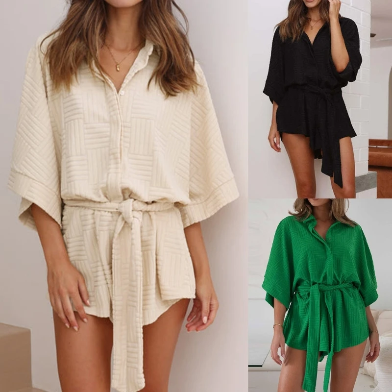 

N7YD Women's Summer Casual Short Sleeve Button Down Shorts Rompers Lapel One-Piece Jumpsuit Rompers Outfits with Belted