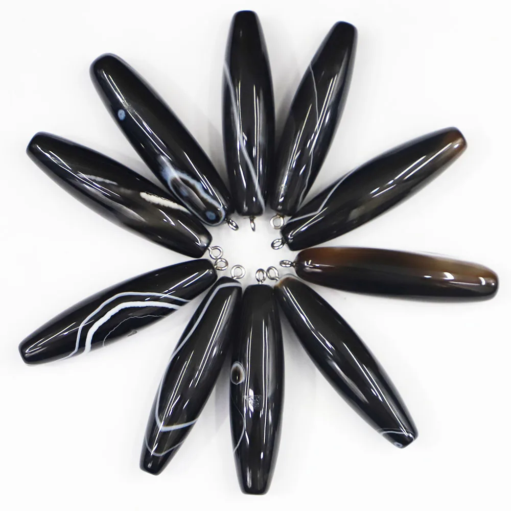 Fashion Natural Stone Black Onyx Necklaces Pendants Cylindrical Shape Reiki Charms DIY Making Jewelry Accessories 6Pcs Wholesale