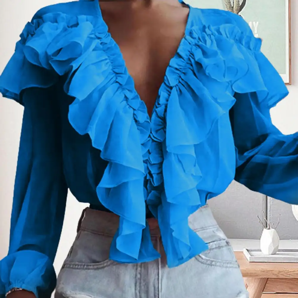 

Stylish Women Tops Elastic Cuffs Chiffon Blouse V-neck Work Lady Casual Chiffon Shirt Workwear