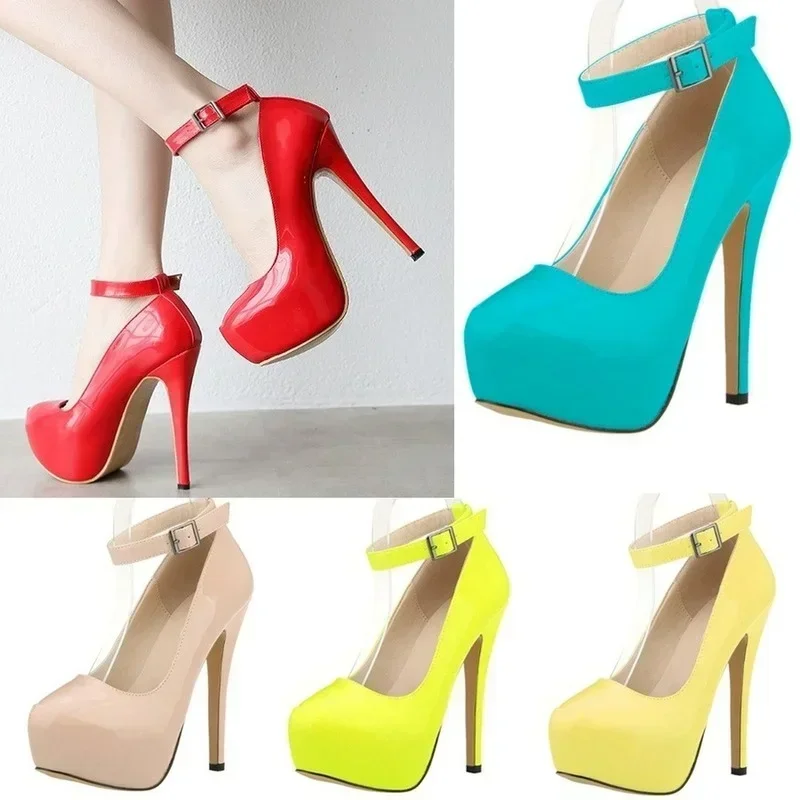 Women's Sexy Pumps Stilettos 14cm Concise Buckle Supper High Heels Fashion Ankle Strap Catwalk Party Wedding Shoes Large Size 44 6
