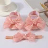 Princess Bowknot Baby Girls Baptism Shoes with Headband Cute Shiny Mary Jane Flats and Hairband Soft Sole Kids First Walkers 1