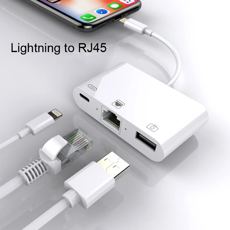 RJ45 Ethernet Adapter For Lightning iPhone 14 13 12 11 8 7 6 5 /iPad/iPod 3 in 1 Adapter with Charging Port USB OTG