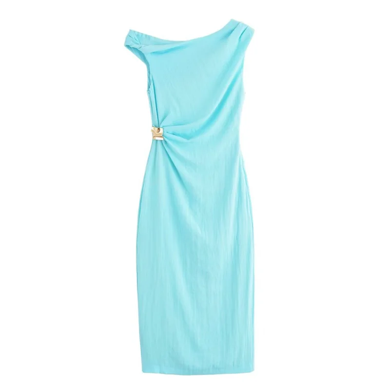 ETJ 2025 summer new women's elegant sexy fashion metal buckle inlaid asymmetrical pleated MIDI dress