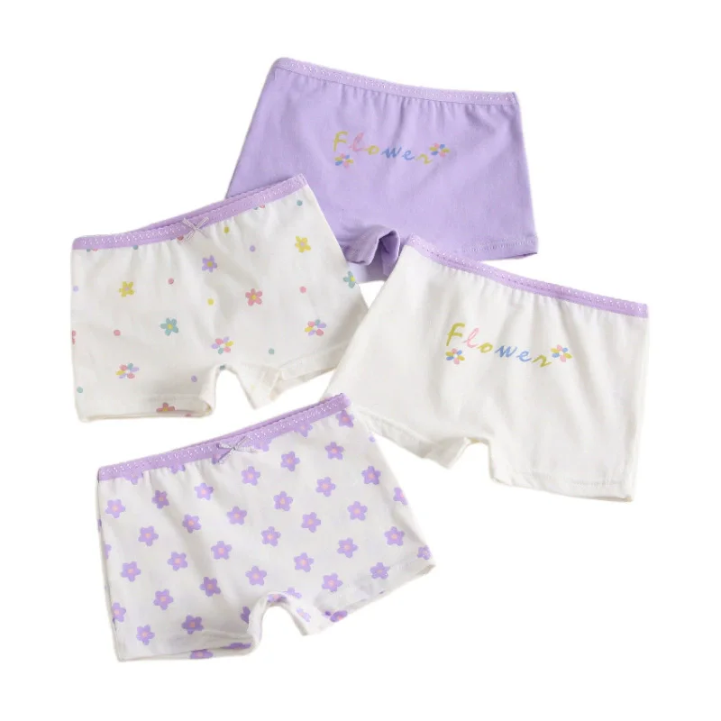 Slip boxer in cotone traspirante per bambina, bianco e viola con stampa floreale, pantaloncini di sicurezza per bambini, biancheria intima per bambini - immagine 4