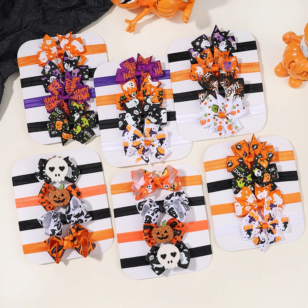 4pcs Kids Halloween Skull Headed Pumpkin Headband Sequins Hair Bow Newborn Festival Party Hairband  Baby Hair Accessories Gift