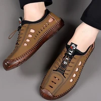 Été hommes sandales en cuir Tendon semelle sans lacet plat sandales décontractées en plein air plage sandale chaussures pour hommes Sandalias De Hombre 2025 5