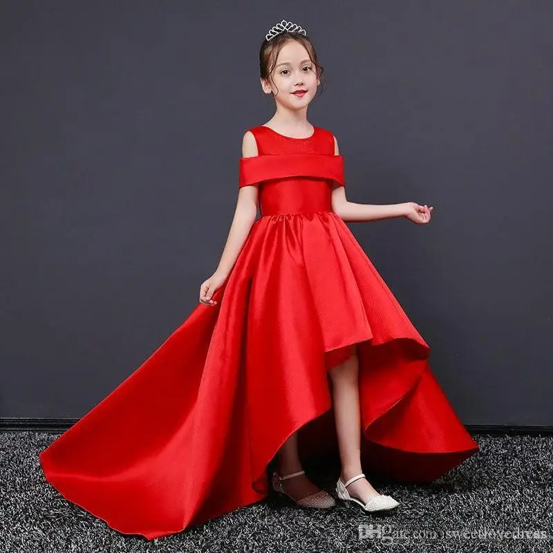 

Charming Red A Line Girls Pageant Dresses with Jewel Neck Hi Lo Satin Ruffle Back Zipper Kid Birthday Dresses Custom Made