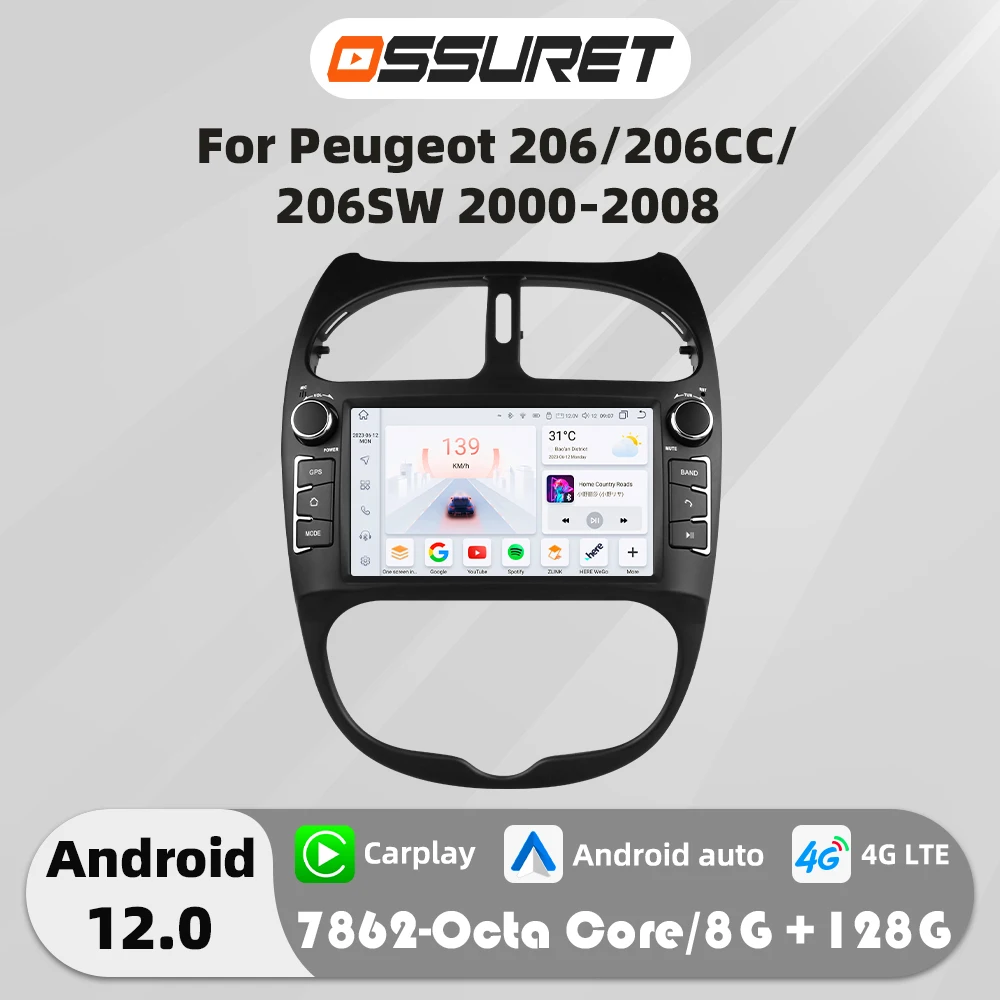 7 "2din Android Auto autoradio stéréo pour PEUGEOT 206 206CC 206SW 2000-2008 lecteur multimédia 4G Carplay GPS navi Autoradio FM