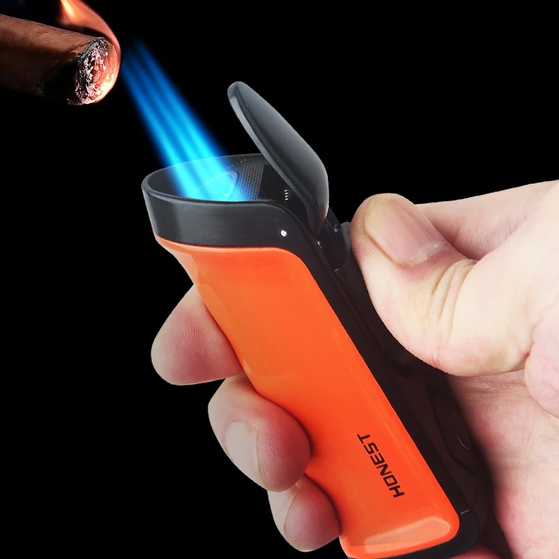 

Hot Windproof Flame Butane Gas Direct Injection Adjustable Blue Flame High Power Metal Lighter Outdoor Barbecue Kitchen Lighter