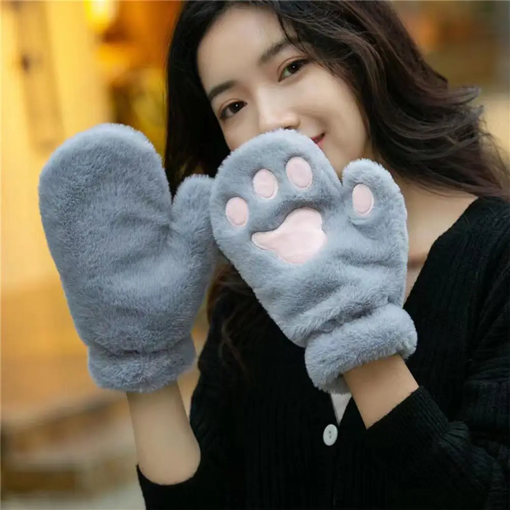 1 Pair Soft Plush Gloves Women Winter Warm Mittens Embroidery Cat Paw Pattern Thickened Girl Gloves Outdoor Windproof Mittens