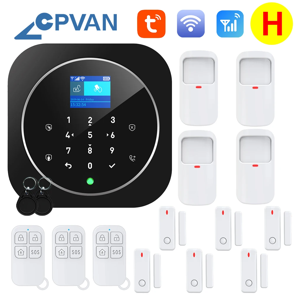 CPVAN Wireless Smart Home GSM Security Alarm System With PIR Motion Detector Door Sensor Alexa Compatible App Control emergency buzzer for elderly Alarms & Sensors