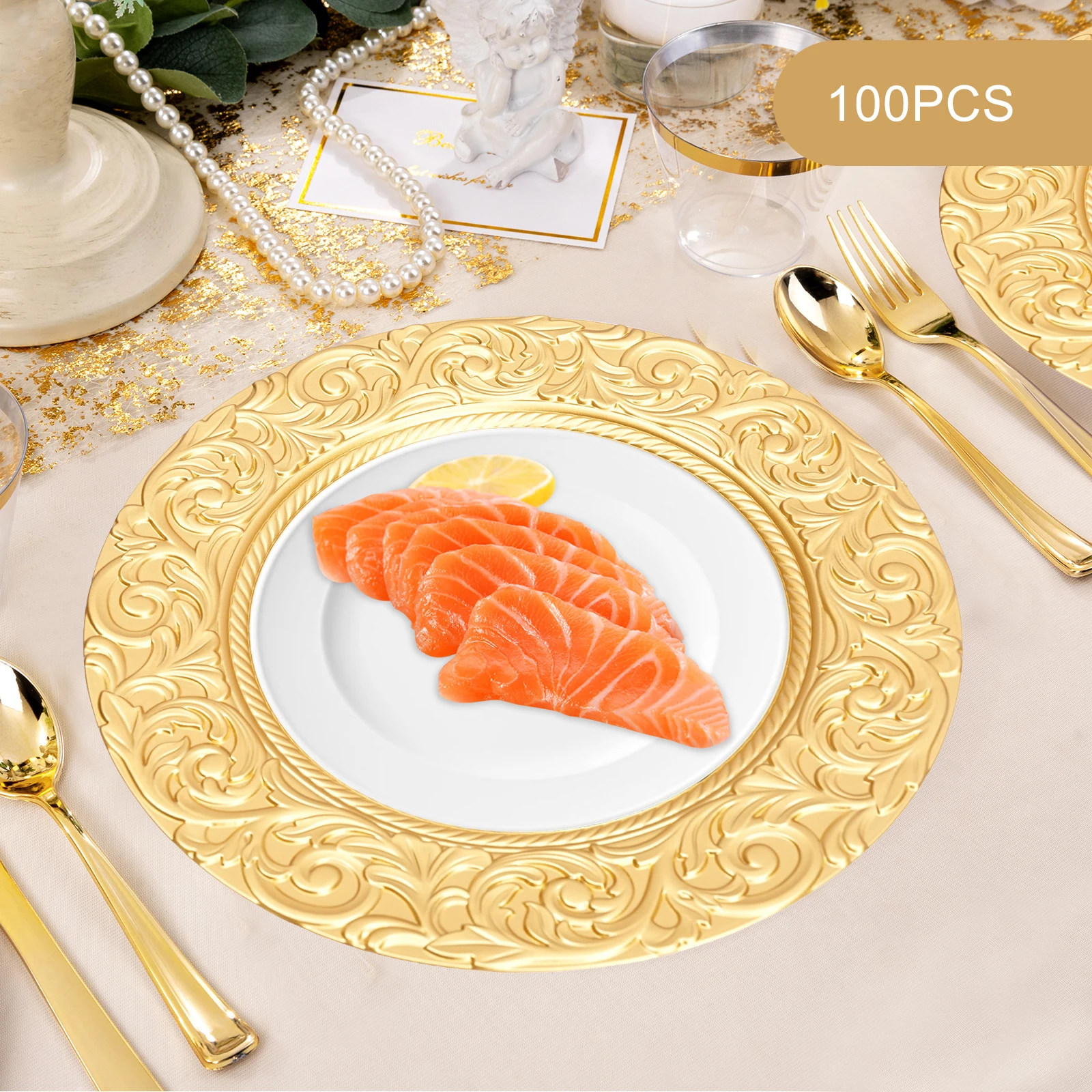 Charger Plates 100-Piece Set Round Reusable Serving Plates Wedding Banquet Party Decor Gold Black Silver Green