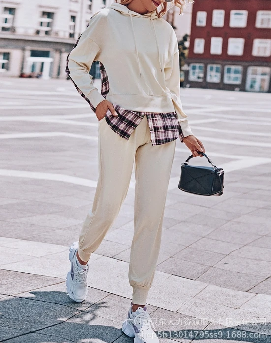 Two Piece Set Women Outfit 2024 Spring Colorful Plaid Patchwork Casual Long Sleeved Hooded Top & High Waist Pocket Pants Set