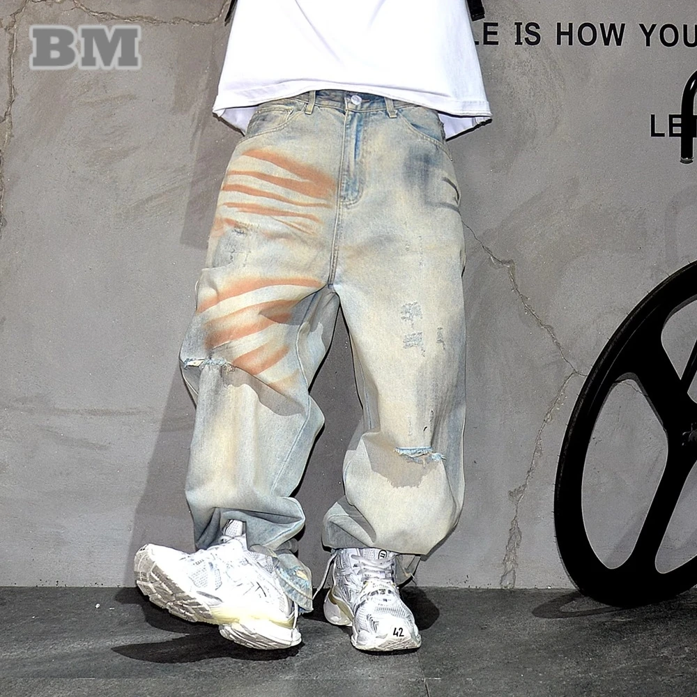 Mens Korean Style Ripped Distressed Loose Fit Jeans Hip Hop Streetwear Vintage Straight Leg Pants Dirty Wash Baggy Trousers Male