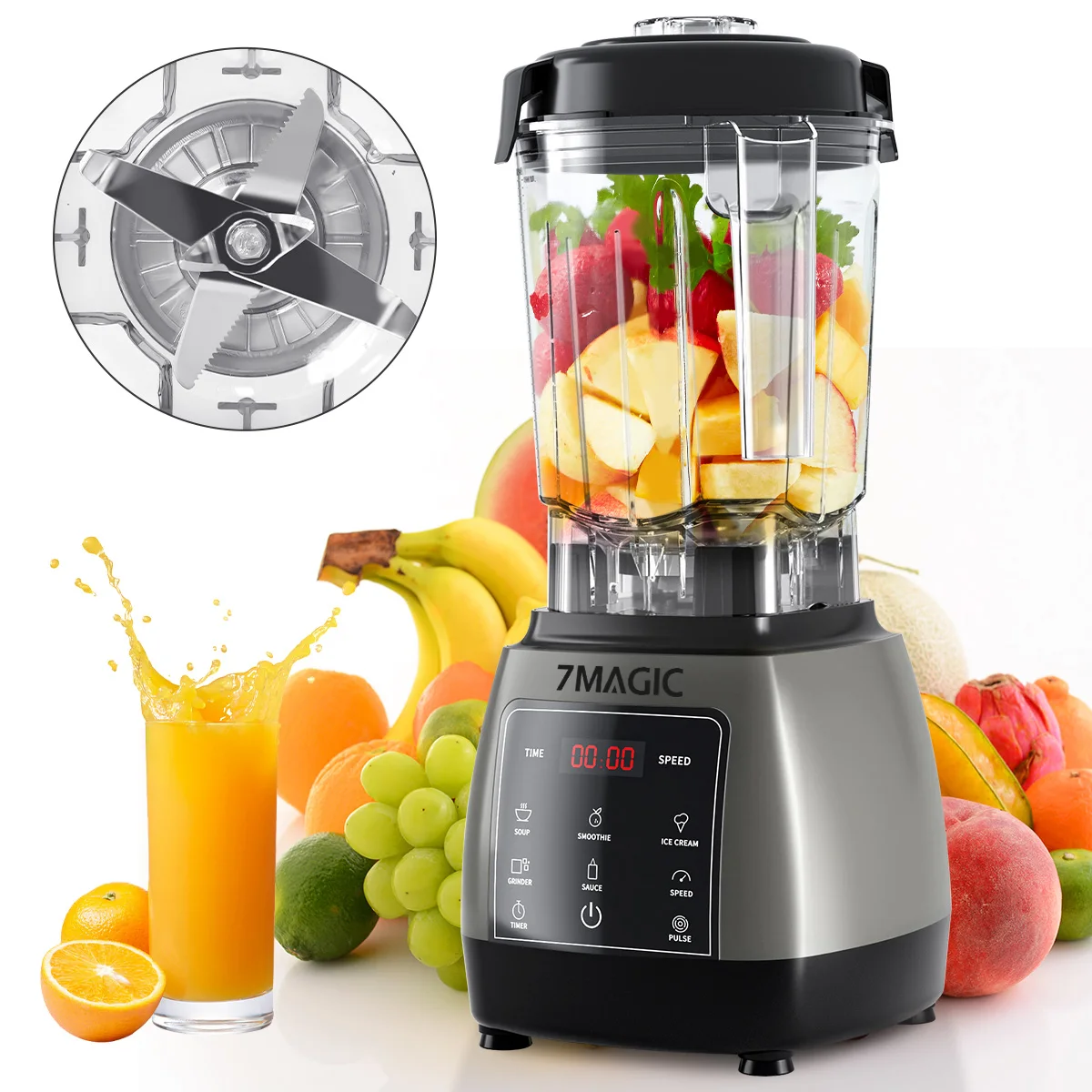 Mélangeur à minuterie robuste 2000W, presse-agrumes, robot culinaire pour fruits, Smoothies glacées, sans BPA, pot de 2L