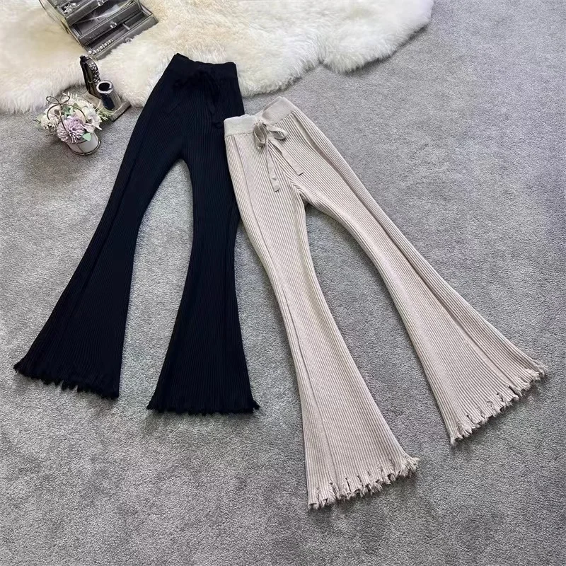 

2023 Winter Knitted Pants for Women Wide Leg High Waisted Trousers Casual Korean Fashion Lace-up Casual Women Clothing