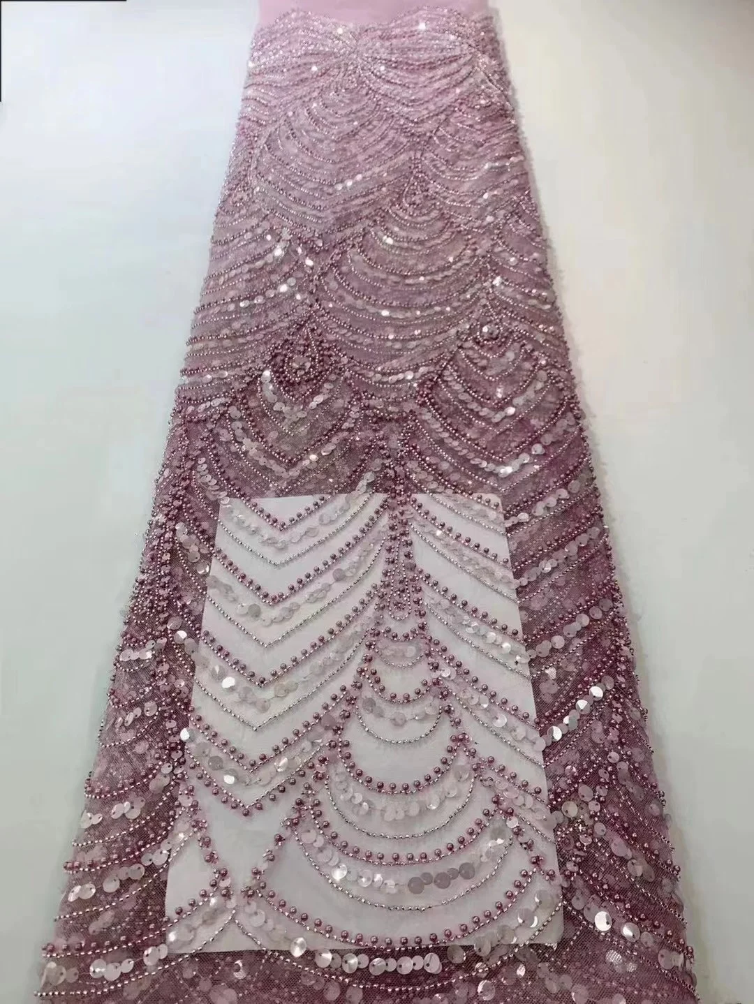 

2023 Nigeria Latest High Quality Tulle Lace Sequin Fabric African Handmade Luxury Beaded​ Lace Fashion For Bride Evening Dress