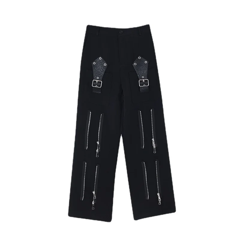 

New Men's Motor Cargo Pants Loose Straight Zippers Decor Casual Trousers Black Color