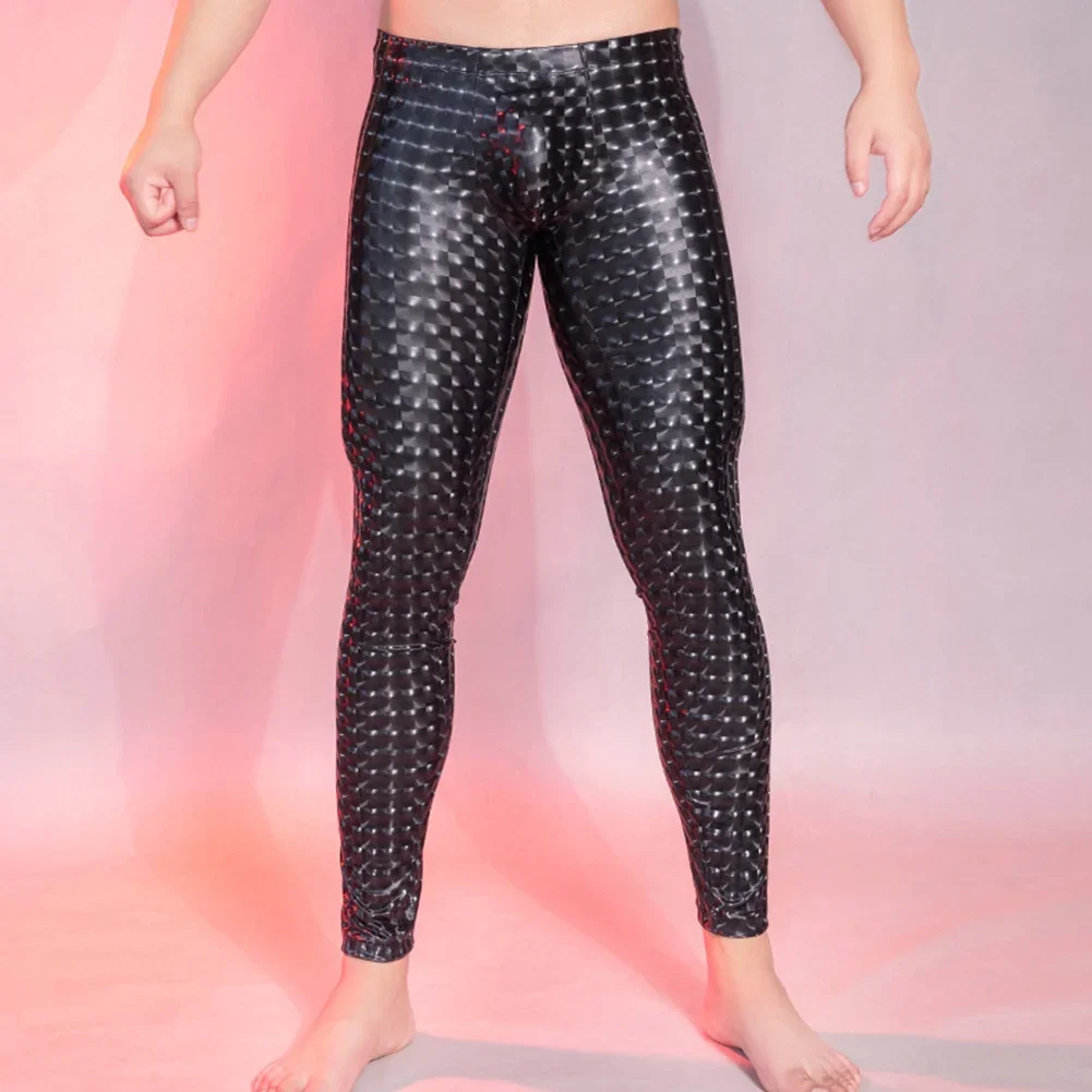 Sexy Men Pants Elastic Oil Shiny Leopard Tight Pants Shaping Lingeries Pajama Trousers U Convex Pouch Temptation Leggings