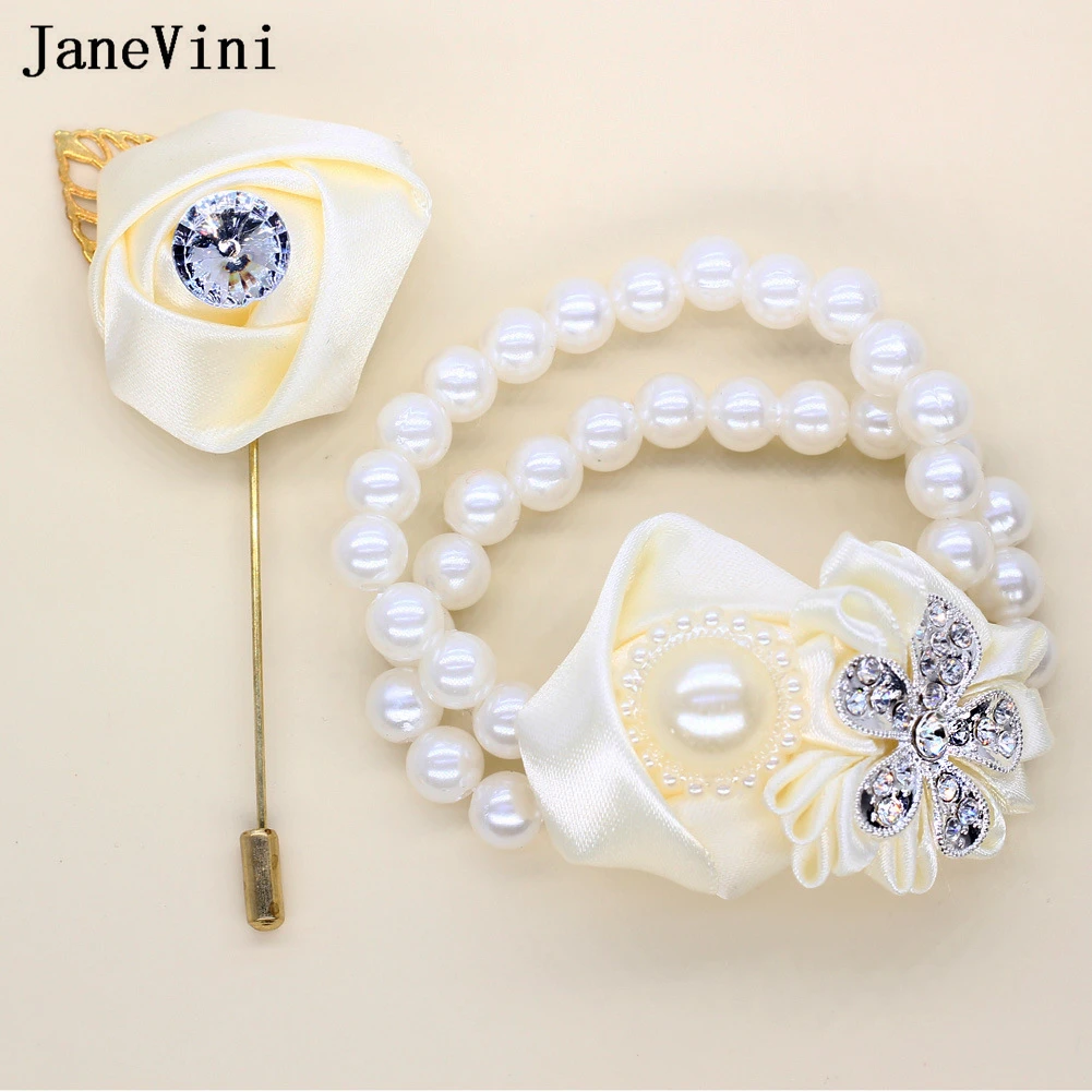 

JaneVini Luxury Crystal Groom Flower Pin Wedding Suit Lapel Boutonnieres Men Buttonhole Bridal Bridesmaids Corsage Bracelets