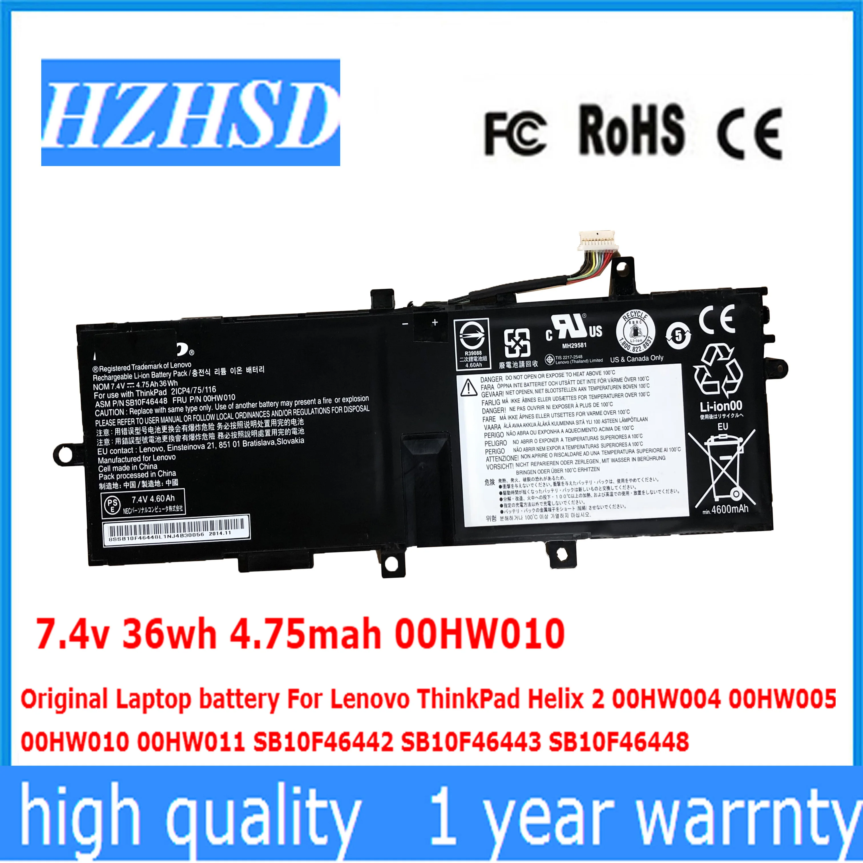 

7.4v 36wh 4.75mah 00HW010 Original Laptop battery For Lenovo ThinkPad Helix 2 00HW004 00HW005 00HW010 00HW011 SB10F46442 448 443