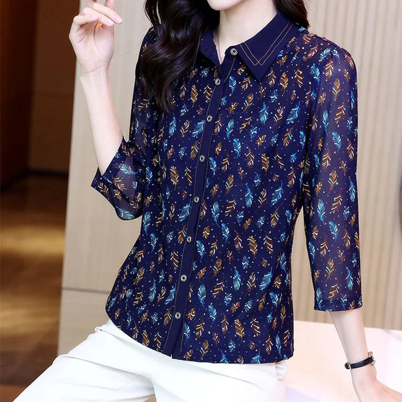 

2024 New Summer Elegant Fashion Retro Loose Casual Office Lady Women's Shirt Korean Style Print Chiffon Button Shirt Collar Tops