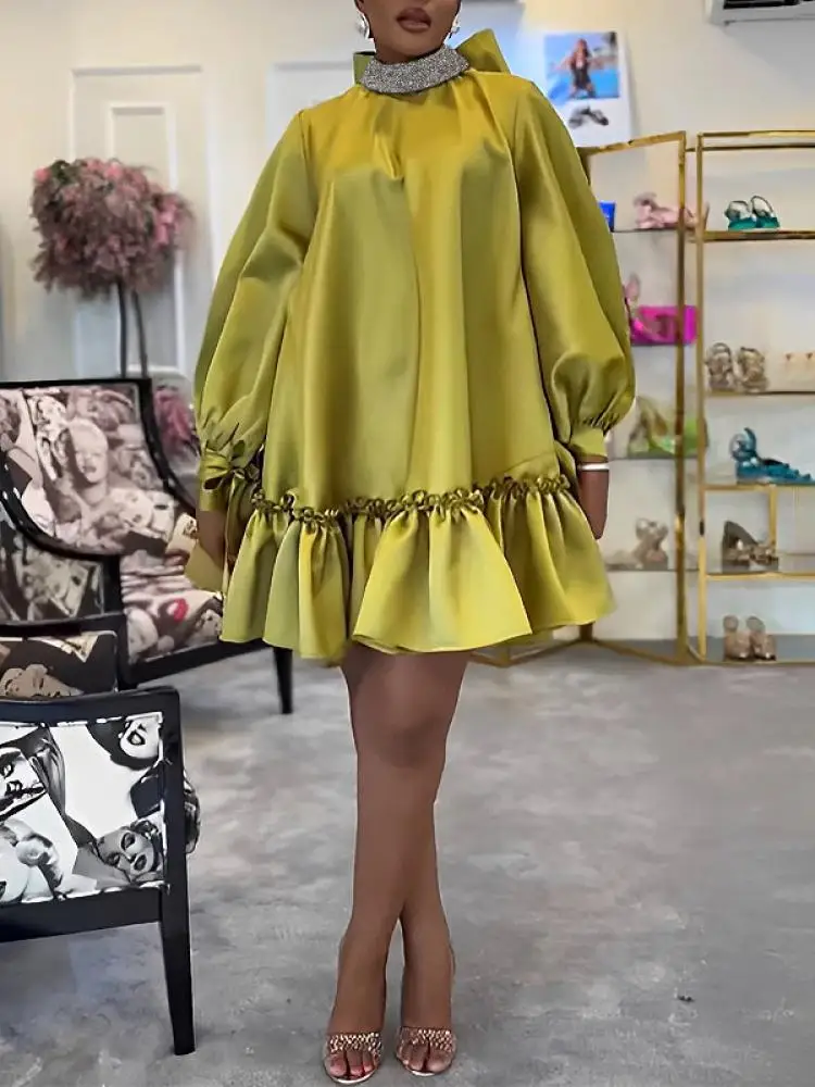 

Однотонное желтое свободное платье Bonboho До Колена Для Женщин, новинка 2024, платье с бантом, высоким воротом и пышными рукавами, плиссированное платье с оборками