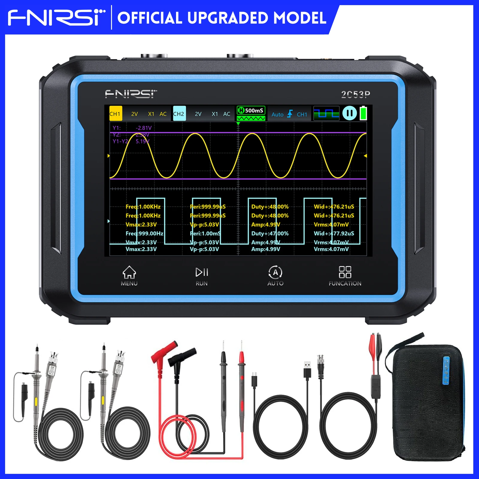 FNIRSI 2C53P Plus Upgraded 3 in1 Oscilloscope/Multimeter/DDS Signal Generator with Carrying Case Tablet Touch Screen Portable Di digital multimeter digital oscilloscope signal generator