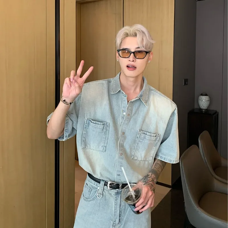 남성용 아메리칸 니치 올드 워싱 숄더 패드 셔츠, 한국 스타일 라펠 반팔 데님 세트 스트레이트 팬츠, 싱글 피스 세트