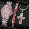 Charm 3-piece Women's Quartz Watch Set With Rhinestone Details - Including Circular Dial, Charming Cross Pendant Necklace And Br 1
