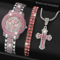 Charm 3-piece Women's Quartz Watch Set With Rhinestone Details - Including Circular Dial, Charming Cross Pendant Necklace And Br 1