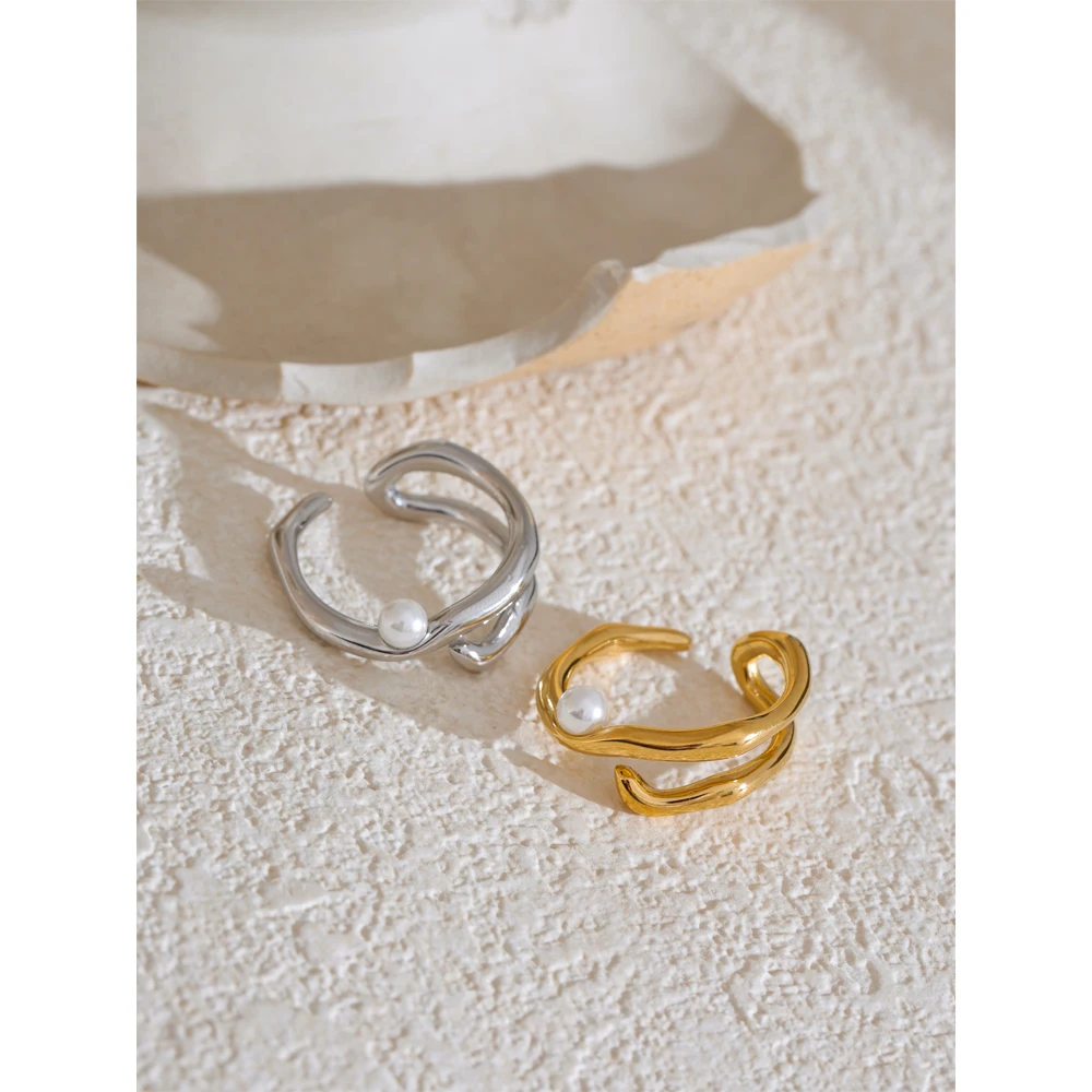 Yhpup Ring Stainless Steel Pearls Geometric Open