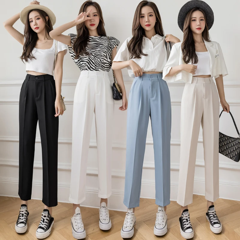 

Casual Women Suit Pants 2023 Summer Fashion High Waist Black Harem Pants Female Korean Style Pocket Thin Nine Point Trousers
