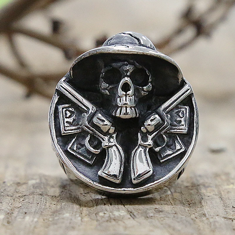 Vintage Cowboy Double Gun Skull Ring Men's Stainless Steel Punk