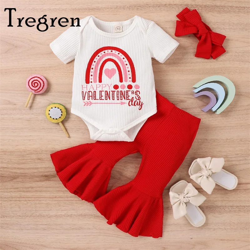 

Tregren Infant Baby Girls Valentine's Day Outfit Sets White Short Sleeve Heart Arrow Print Romper + Red Flared Pants + Headband