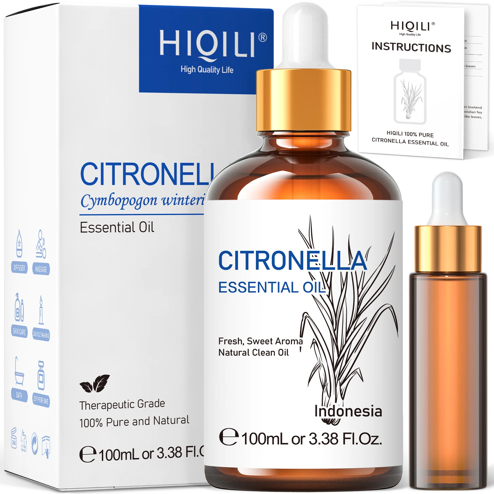 HIQILI-Óleos Essenciais de Citronela 100% Natureza Pura, Difusor de Aromaterapia, Umidificador, Massagem, Repelente de Mosquitos, 100ml