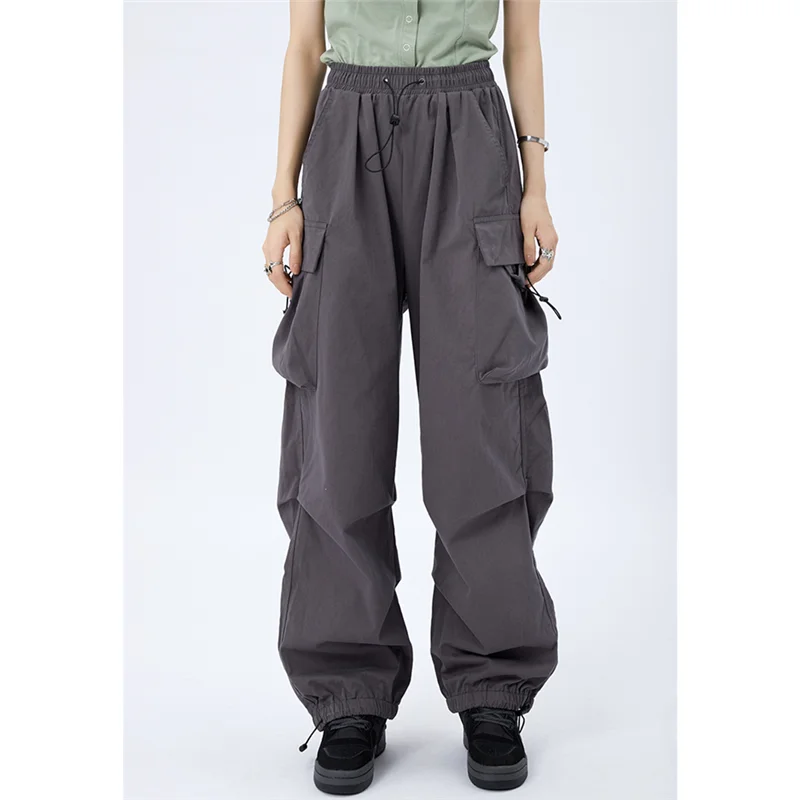Dark Grey Cargo Elastic Waist Pants Vintage Autumn Thin Women's