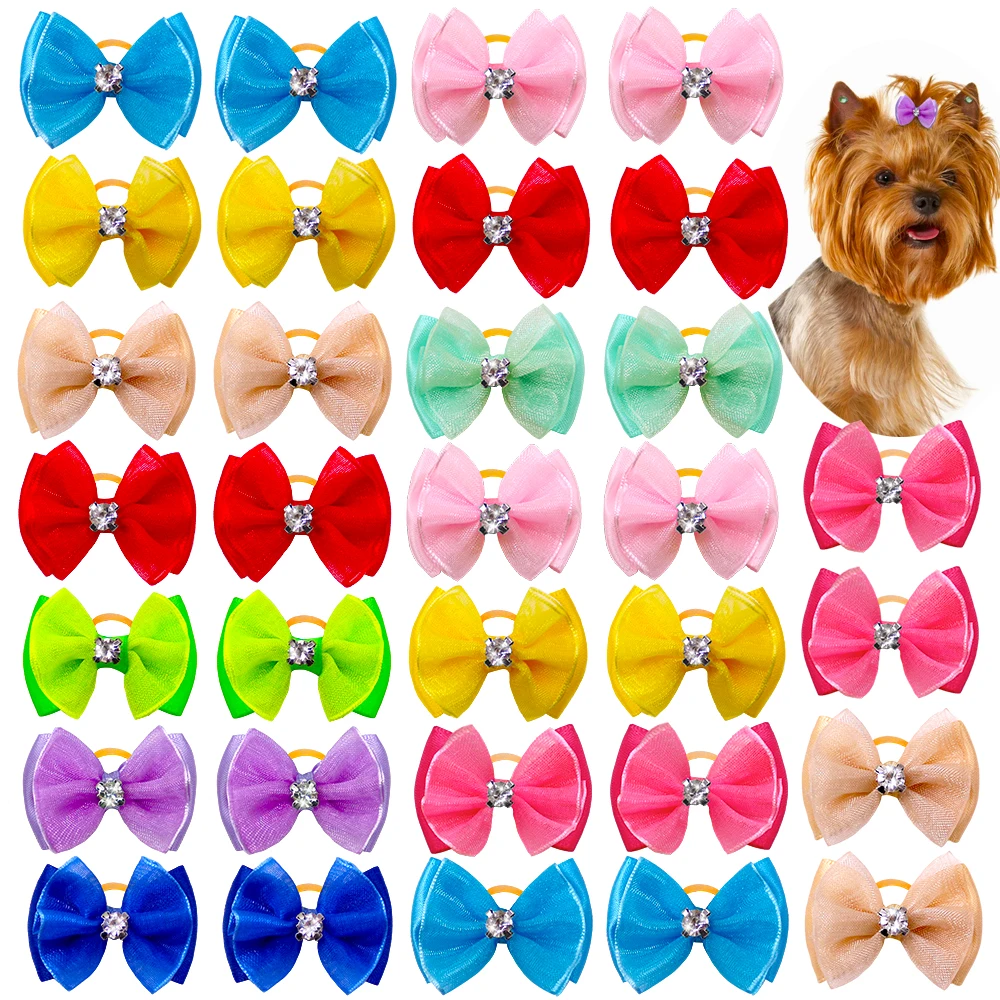 100pcsHandmadePetDogHairBowsRhinestoneVarietyLaceRibbonDog