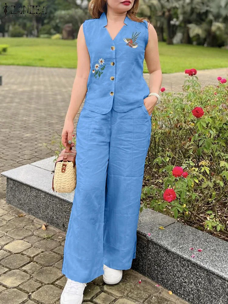 Women 2PCS Pant Sets Vintage Sleeveless Embroidery Vest Tops + Elastic Waist Wide Leg Trousers ZANZEA Summer Tank Suits Outfits