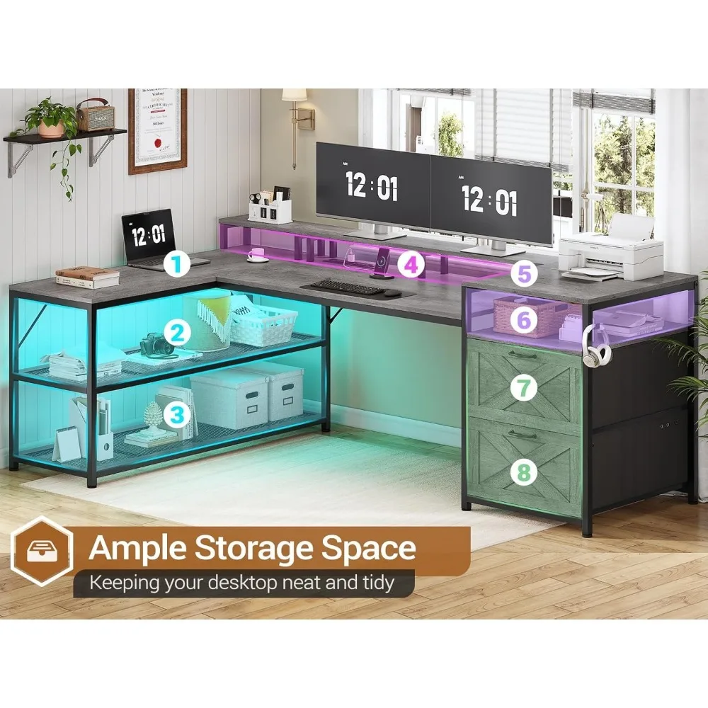 67" L Shaped Desk with Drawers,Computer Office Desk with Storage Shelves & Power Outlet, Reversible Gaming Desk with LED Lights 6