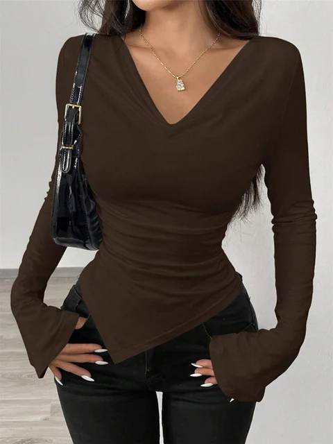 2025 printemps été nouveau femmes col en V épaules dénudées à manches longues conception t-shirt coupe ajustée avec volants irréguliers manches longues haut 1