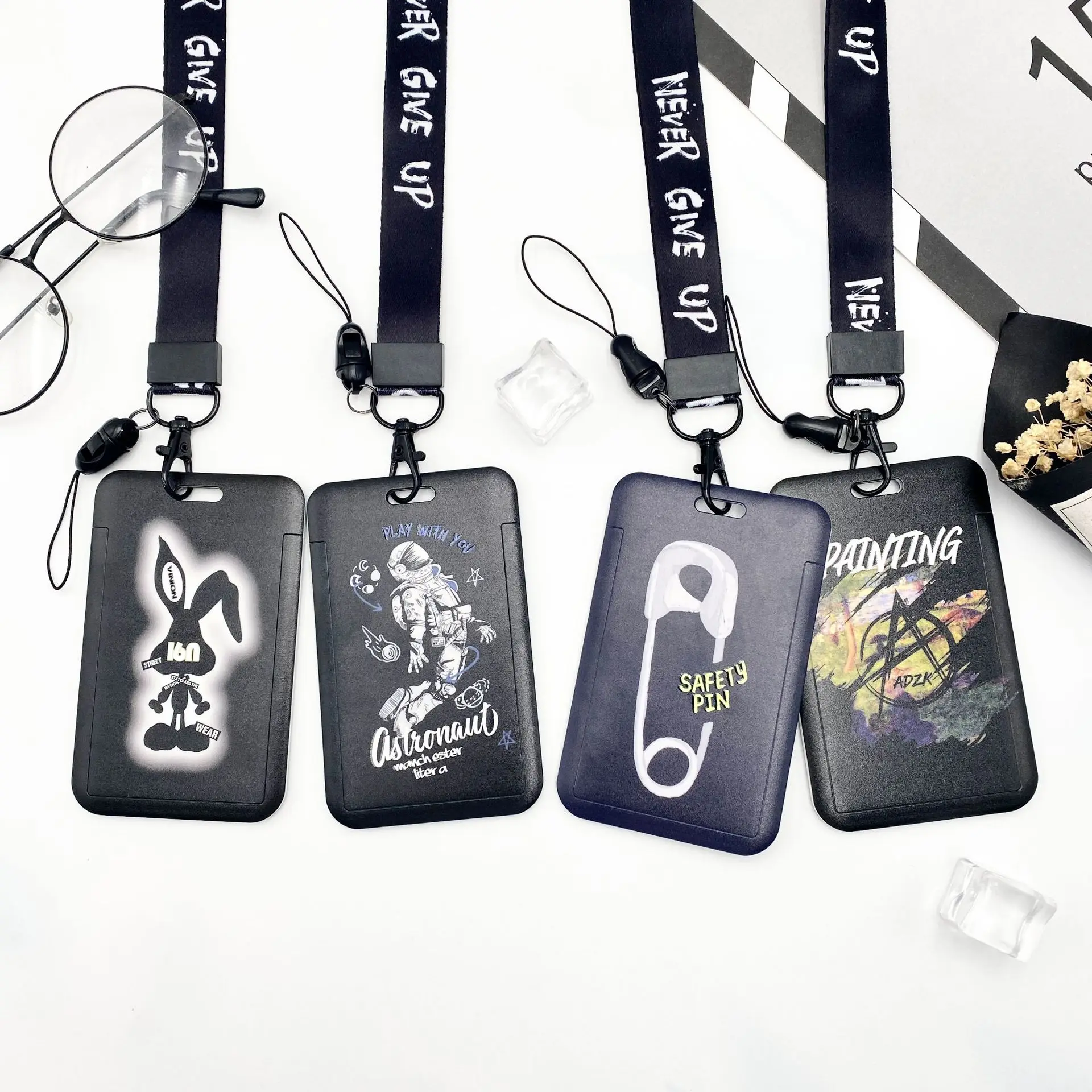 

1 Pcs Black Creative Cartoon Card Set Campus Student Access Control Bus Card Protective Cover ABS Plastic Neck Rope Card Holder
