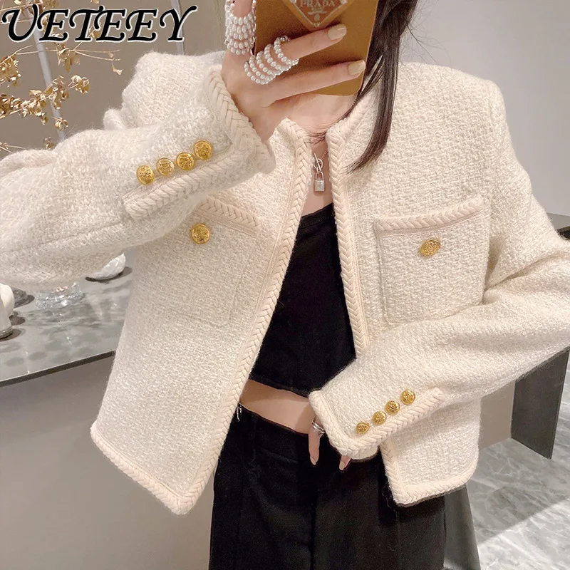

Crew Neck White Woolen Woven Short Coat for Women Autumn French Style Temperament Single-Breasted Tweed Suit Cardigan Jacket