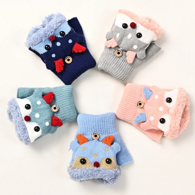 Children Winter Gloves Christmas Cartoon Elk Flip Half-Finger Mittens For Girl Boy Kids Warm Plush Lined Fingerless Glove 2