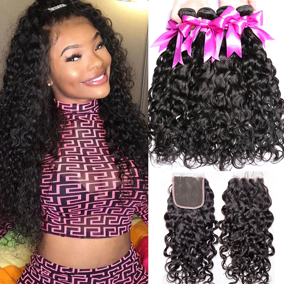 12A Water Wave Virgin 3 4 Bundles Deal Con Chiusura In Pizzo 4*4 Hd Fasci Di Capelli Umani Fasci Di Capelli Grezzi Peruviani Remy Con Chiusura