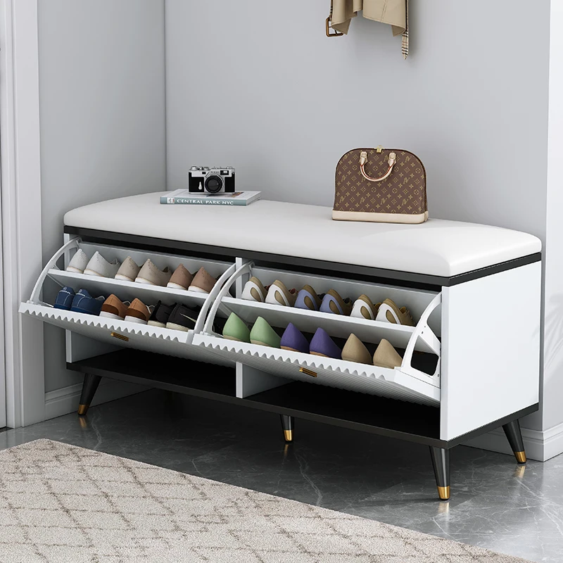 Best Quality White Shoe Cabinet Storage Rustic Wooden Tipping Bucket Shoe Cabinet With Stool