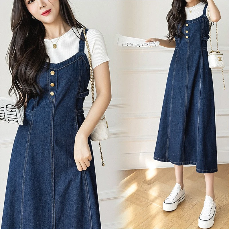 Mid Legnth Dress Women Denim Dresses A Line Vestidos Y2k Streetwear Sleeveless Suspenders Elegant Splice Party Night Work 2026