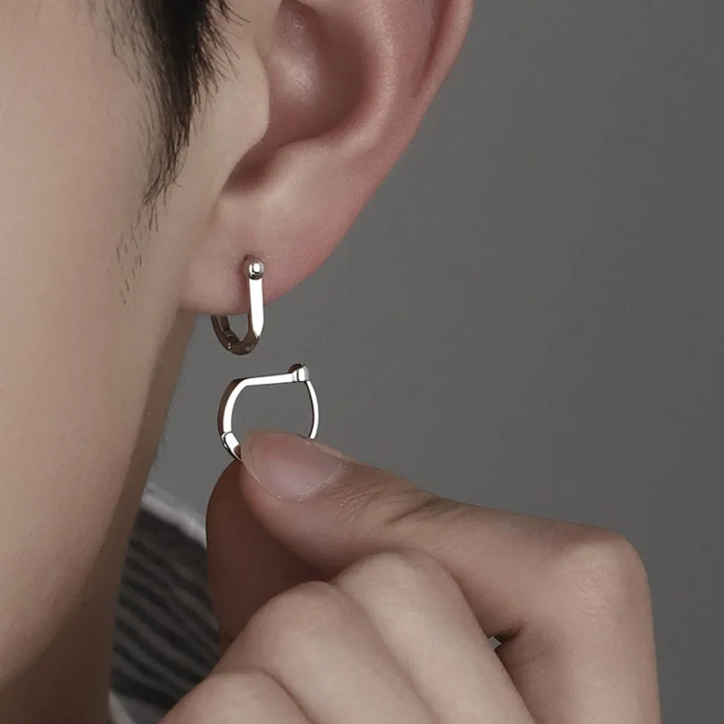

1 pair S925 Sterling Silver Square Circle D-shaped Buckle Earrings for Men Women Simple Fashion Geometric Platinum Earrings