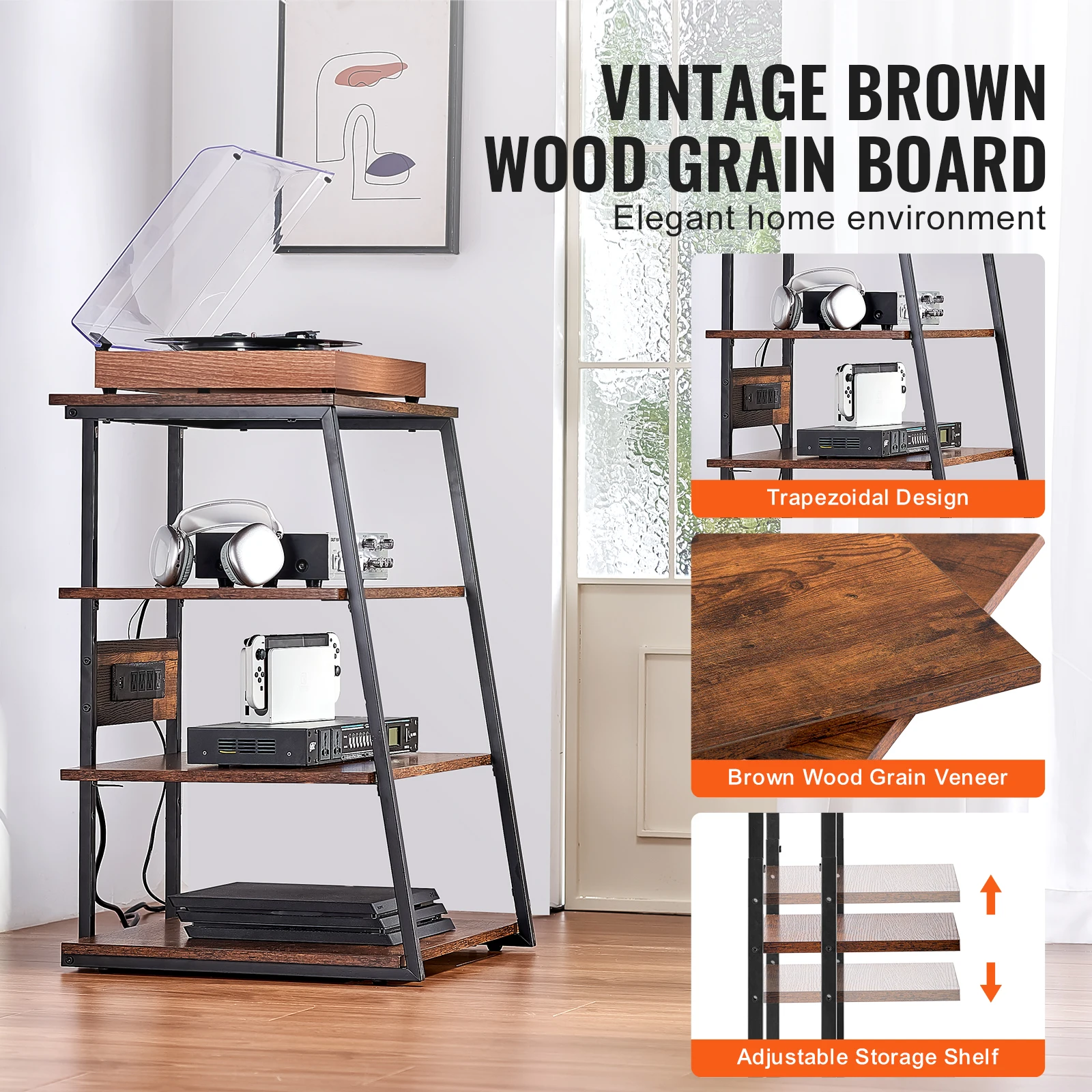 Wooden AV Media Stand with Power Strip for Home Theater