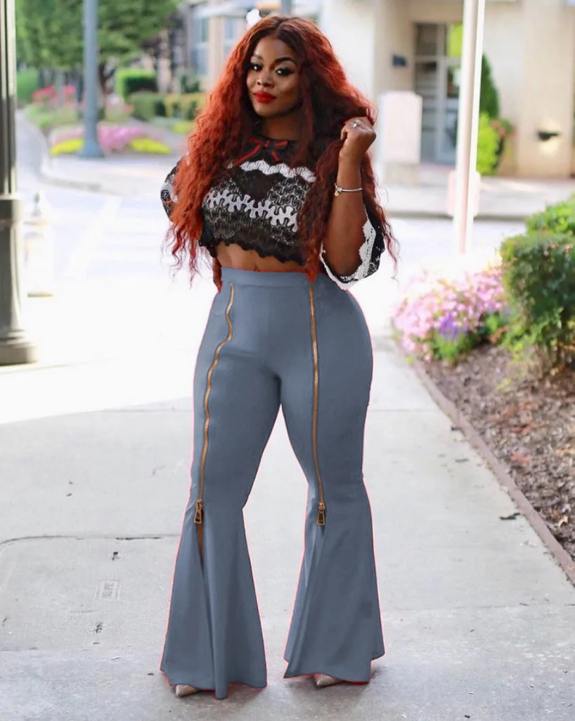 Women's Fashion High-waisted Slimming Flounces Flared Zipper Solid Color Casual Wide-leg Pants